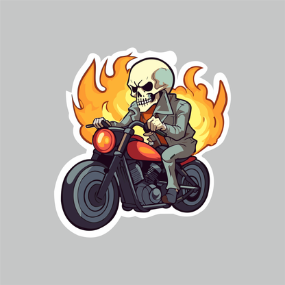 Skeleton Fiery Bike Sticker with skull rider on motorcycle, orange flames and white die-cut border