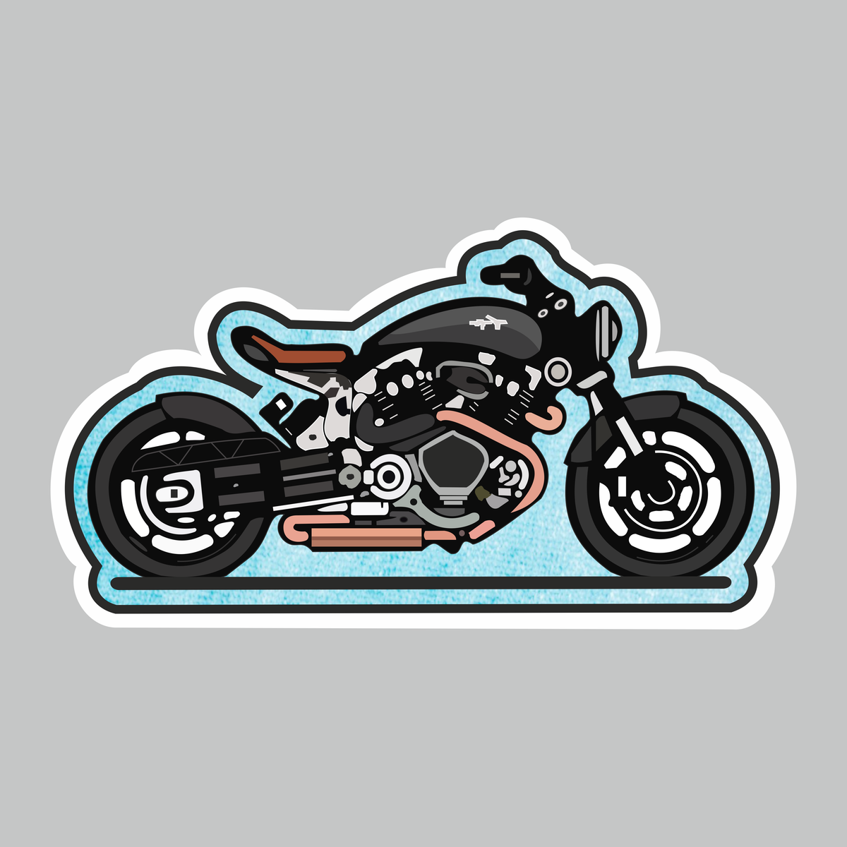 Sky blue background motorcycle sticker with black cafe racer bike artwork and white die-cut border