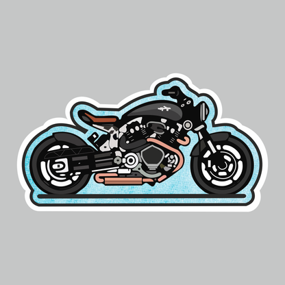 Sky blue background motorcycle sticker with black cafe racer bike artwork and white die-cut border