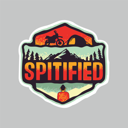 Spitified adventure motorcycle sticker with mountain, camping and biker artwork on white background