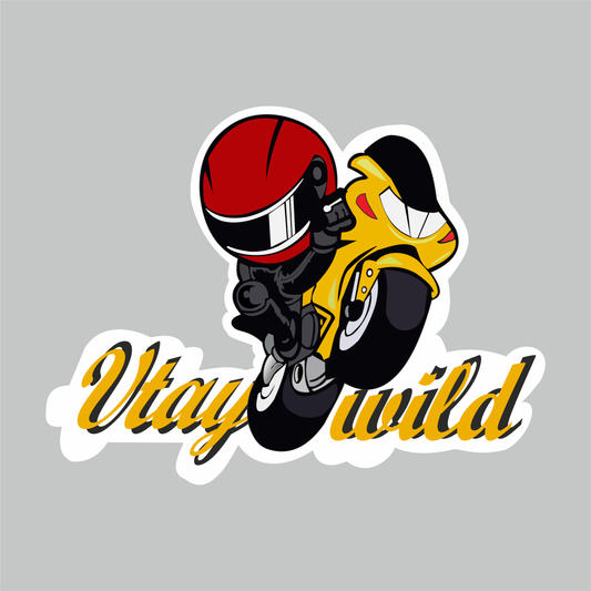 Stay Wild motorcycle sticker with red helmet rider performing wheelie on yellow sportbike