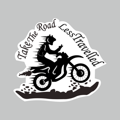 Take The Road Less Travelled motorcycle sticker featuring off-road adventure rider and bike design