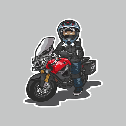 YO Sign Biker motorcycle sticker featuring helmeted rider giving a hand sign beside a red adventure bike