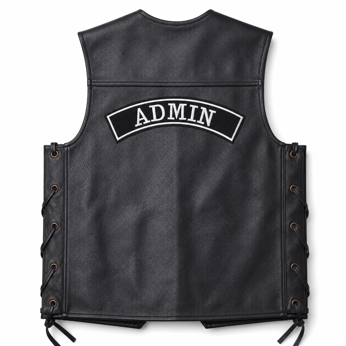 Admin back designation embroidery patch displayed on the back of a black leather vest by TRG Gears