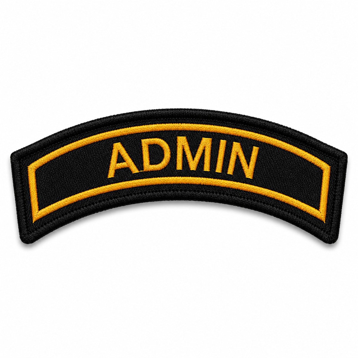 Single ADMIN patch variant with heat-seal backing and precision stitched merrowed border for motorcycle jackets and leather vests