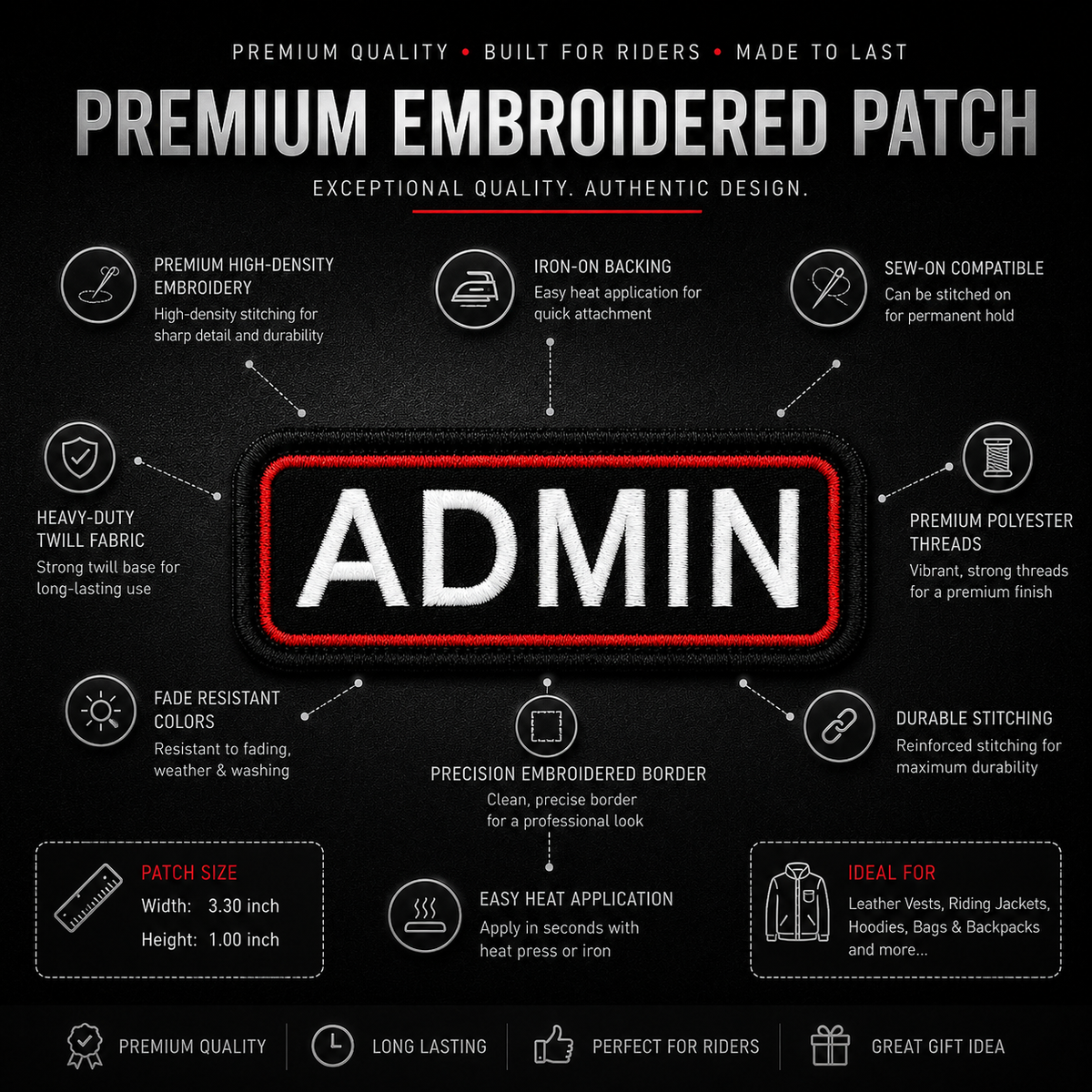 Feature infographic displaying the 3.30x1.00 inch ADMIN embroidered patch dimensions, iron-on backing, fade-resistant threads, and application compatibility for leather vests and jackets