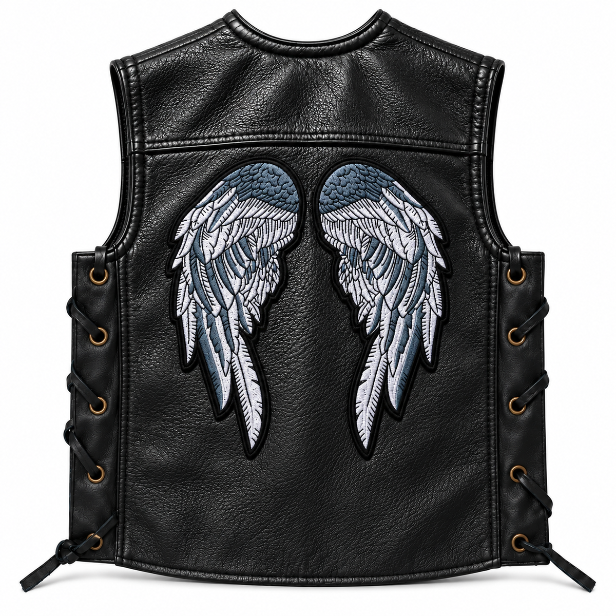 Black leather biker vest featuring Angel Wings embroidered back patch on white background.