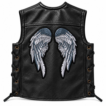 Black leather biker vest featuring Angel Wings embroidered back patch on white background.