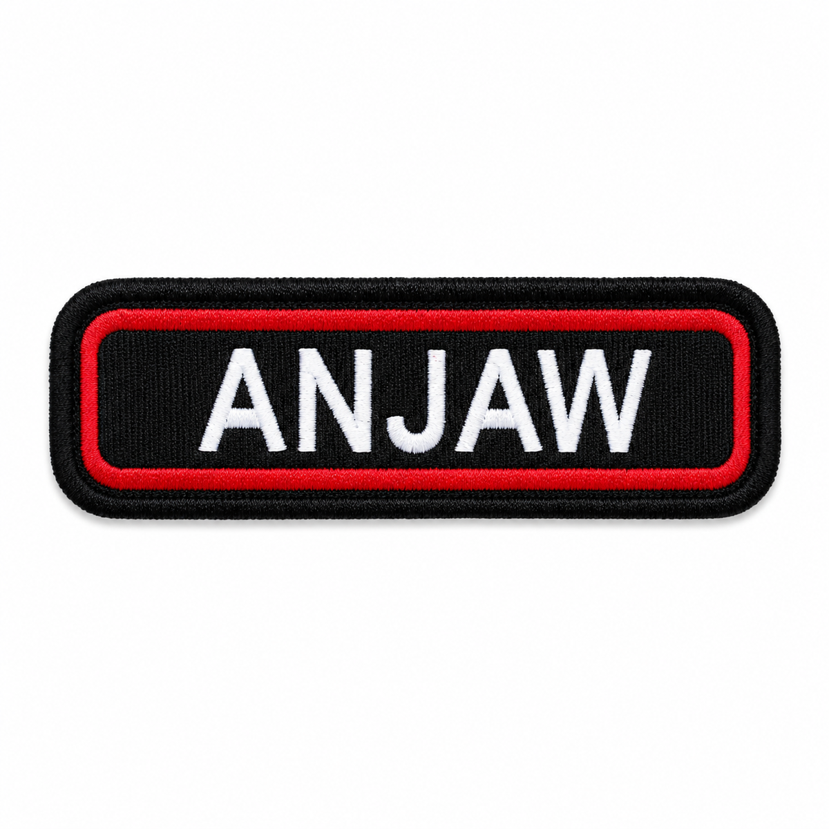 Anjaw embroidery patch with white lettering, red border and black background displayed on a clean white background.