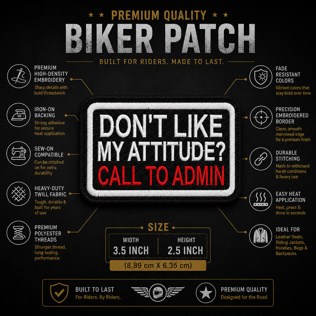Attitude biker patch showing premium embroidery features and 3.5 x 2.5 inch size