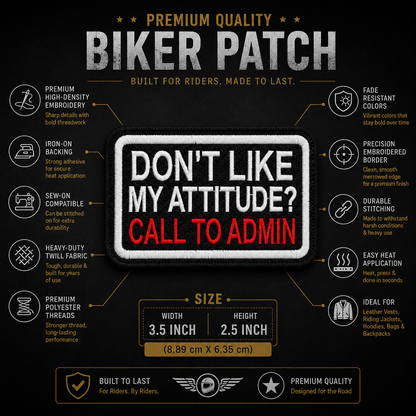 Attitude biker patch showing premium embroidery features and 3.5 x 2.5 inch size