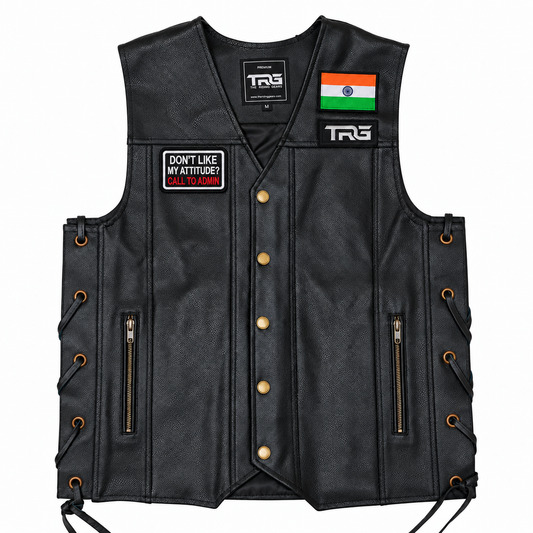 Attitude biker patch displayed on black leather motorcycle riding vest on white background