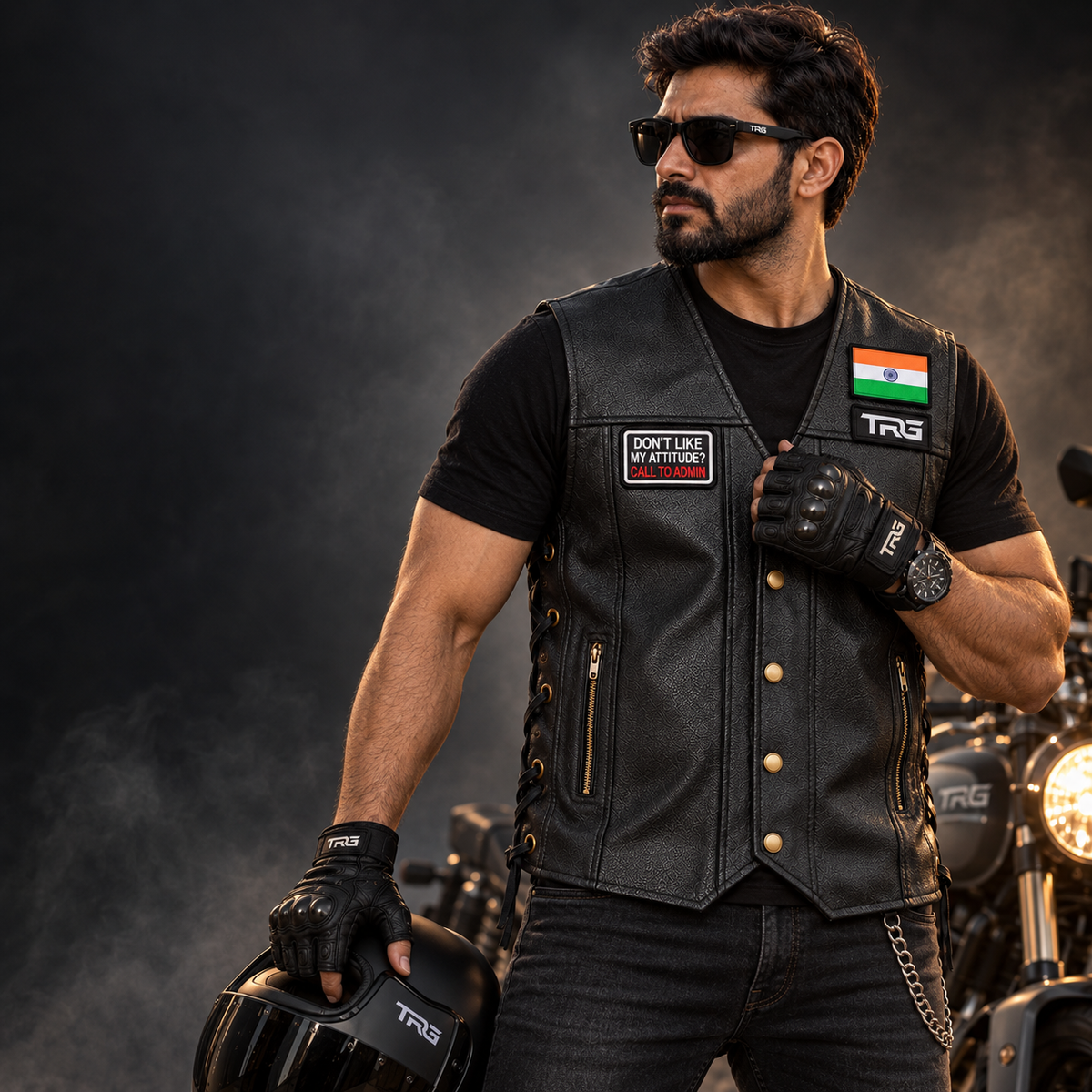 Attitude biker patch worn on black leather motorcycle vest by rider in premium studio setting