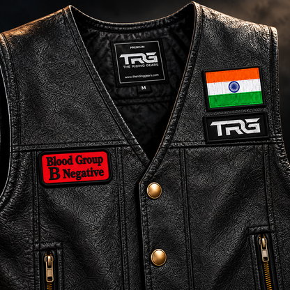 B Negative Blood Group Patch close-up showing red and black embroidery on leather biker vest