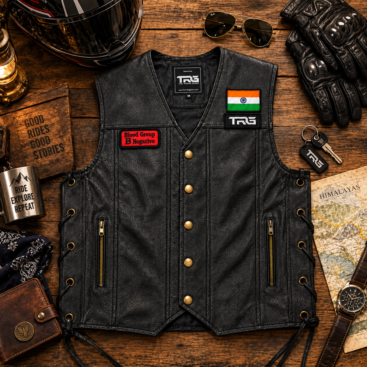 B Negative Blood Group Patch displayed on black leather motorcycle vest with riding accessories