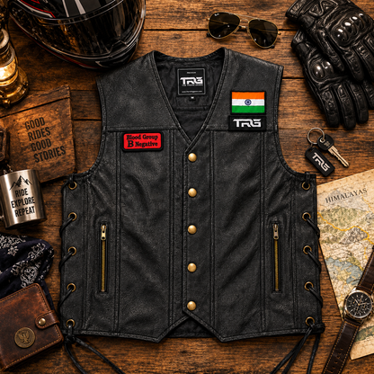 B Negative Blood Group Patch displayed on black leather motorcycle vest with riding accessories