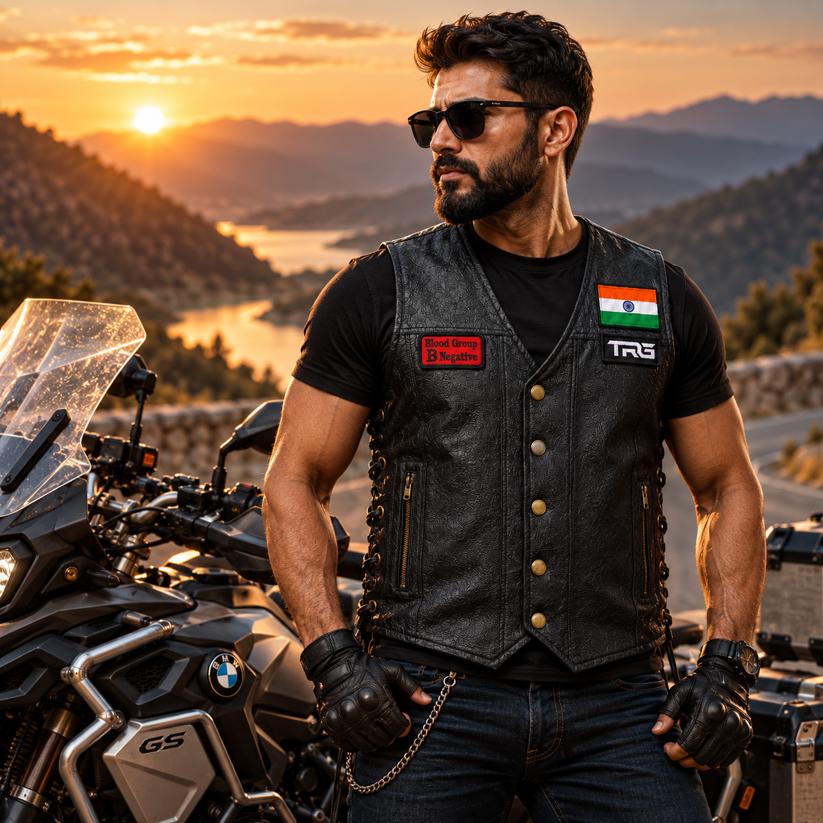 B Negative Blood Group Patch worn by motorcycle rider on black leather vest beside adventure bike