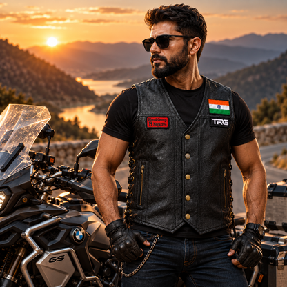 B Negative Blood Group Patch worn by motorcycle rider on black leather vest beside adventure bike