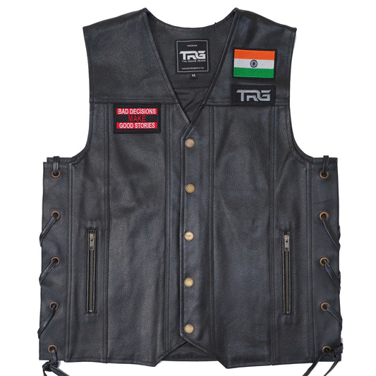 Bad Decisions Make Good Stories riding vest patch on black leather motorcycle vest