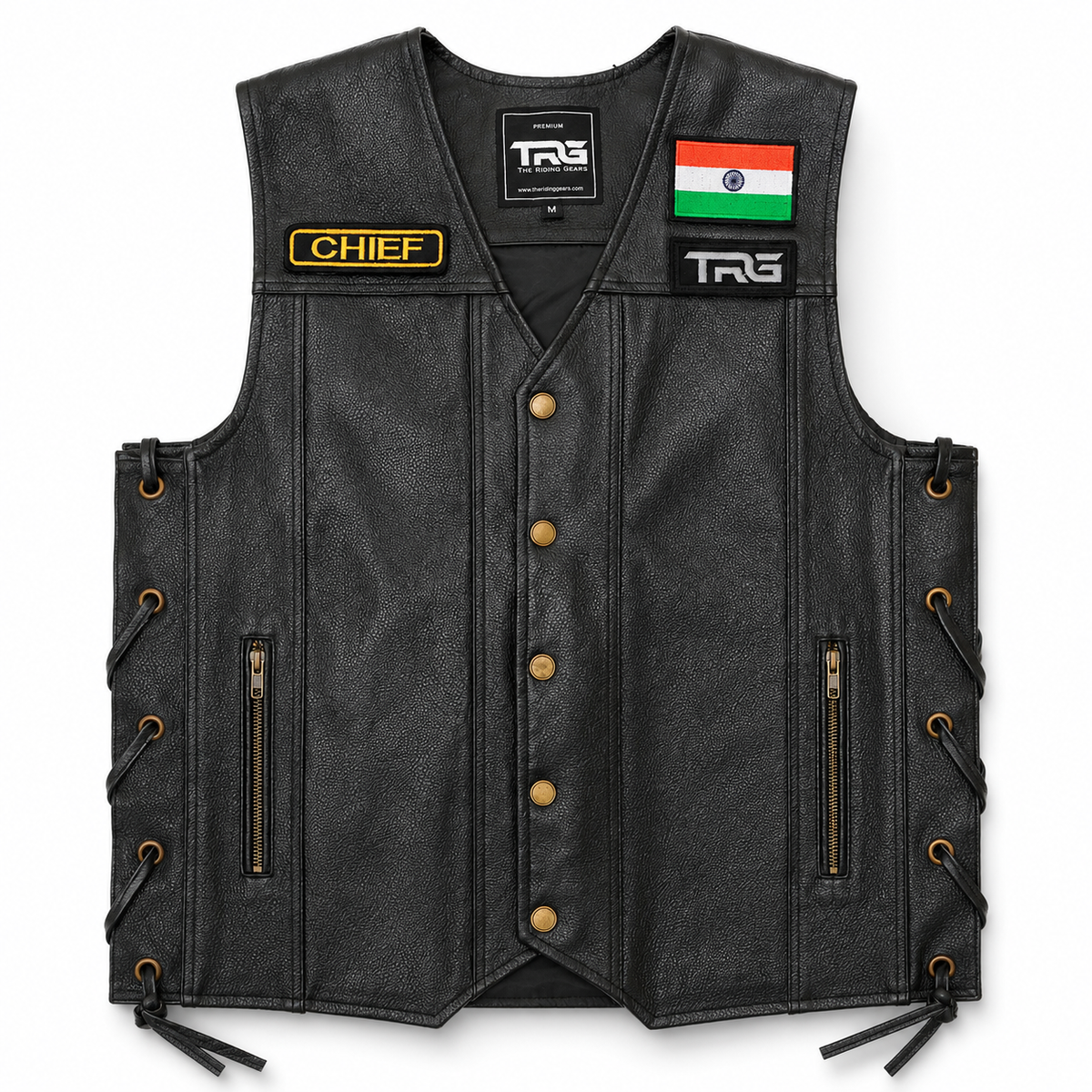 Biker Designation Patch Chief embroidered on black leather motorcycle riding vest