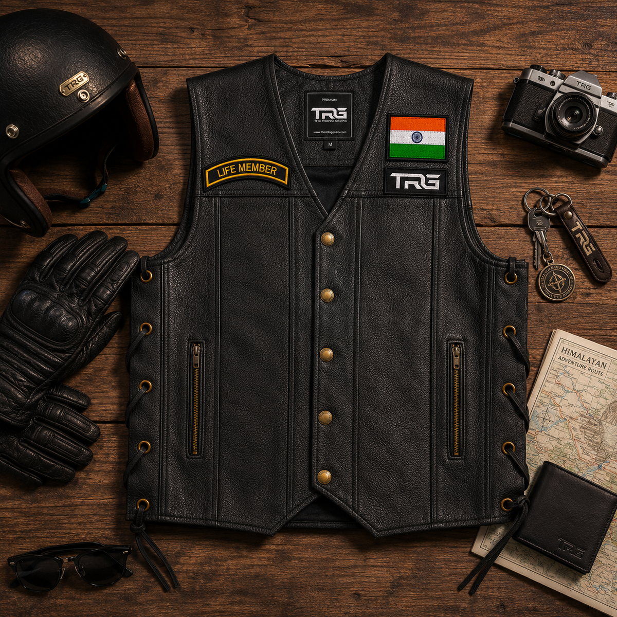 Biker Designation Patch Life Member displayed on black leather biker vest in premium flat lay