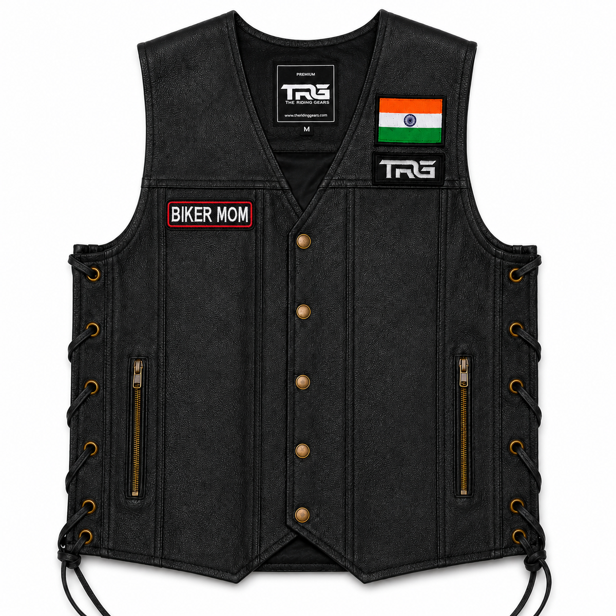 Biker Mom embroidery patch attached to black TRG leather riding vest with Indian flag and TRG chest patch on white background.