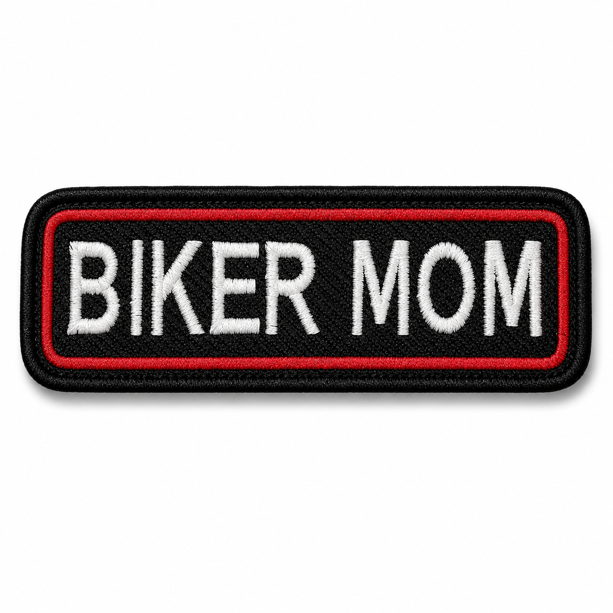 Biker Mom embroidery patch with white lettering, red embroidered border and black background displayed on a clean white background.