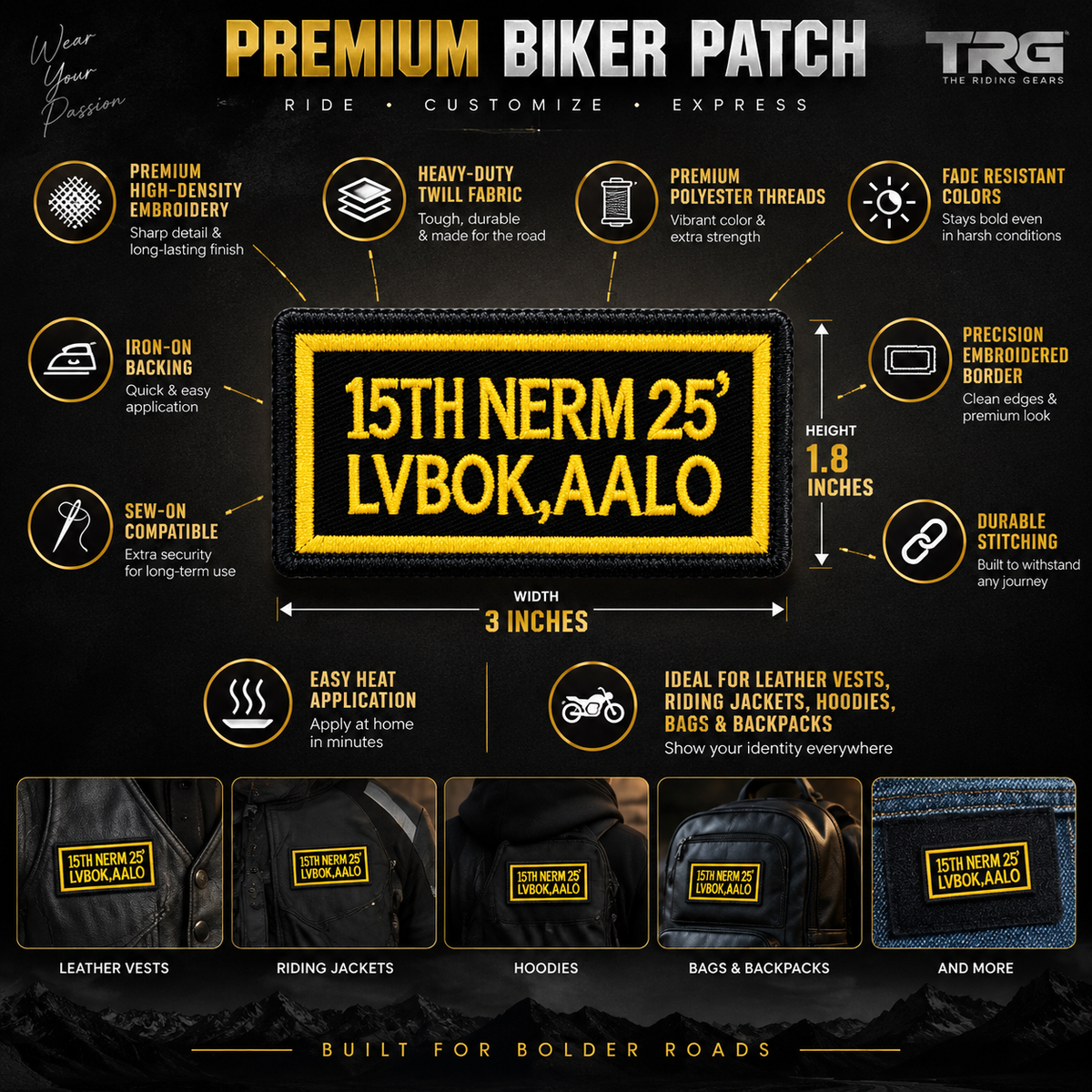 Biker patch 15th NERM 25 LVBOK AALO 3 x 1.8 inches feature infographic with embroidery, twill fabric and iron-on backing