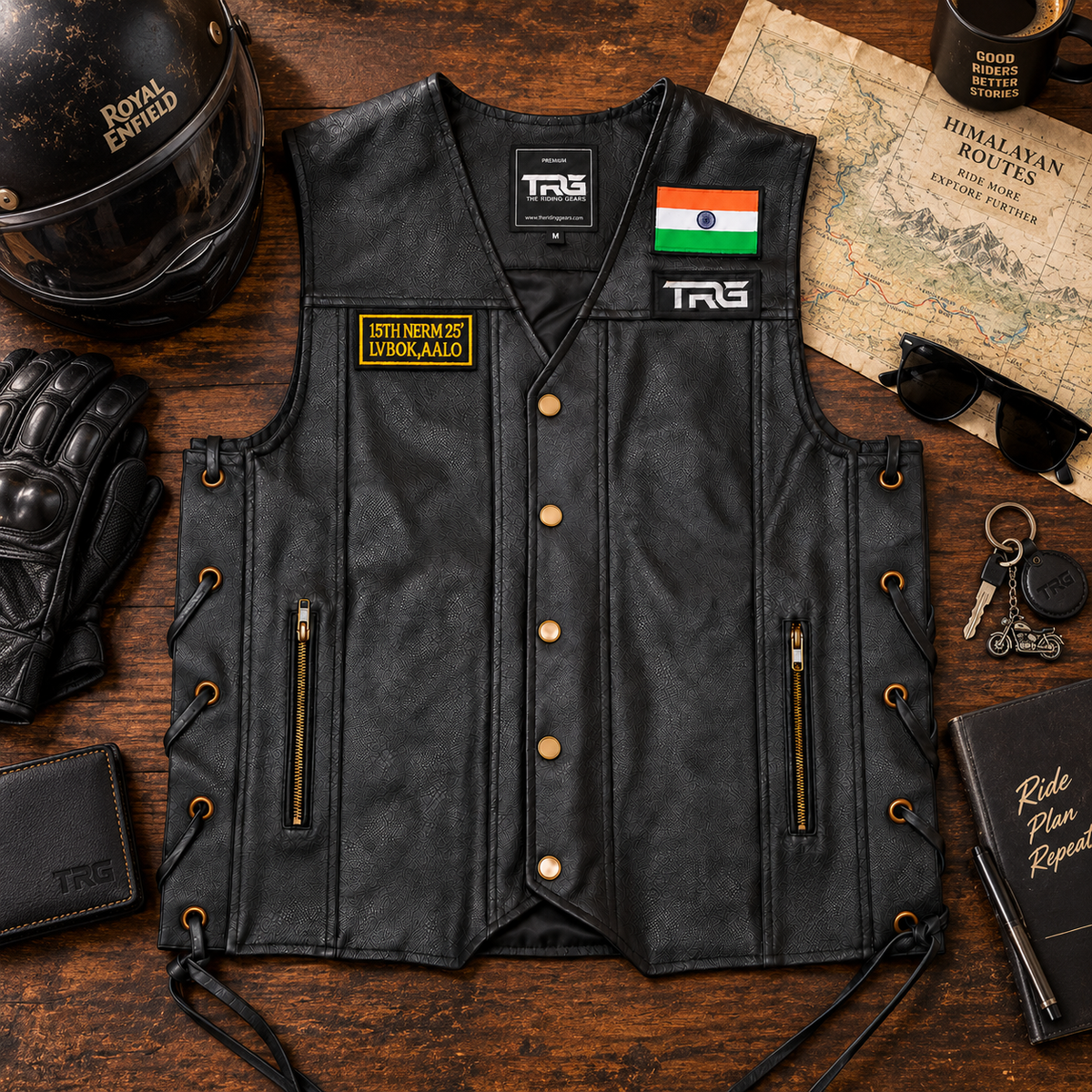 Biker patch 15th NERM 25 LVBOK AALO displayed on black riding vest with motorcycle accessories