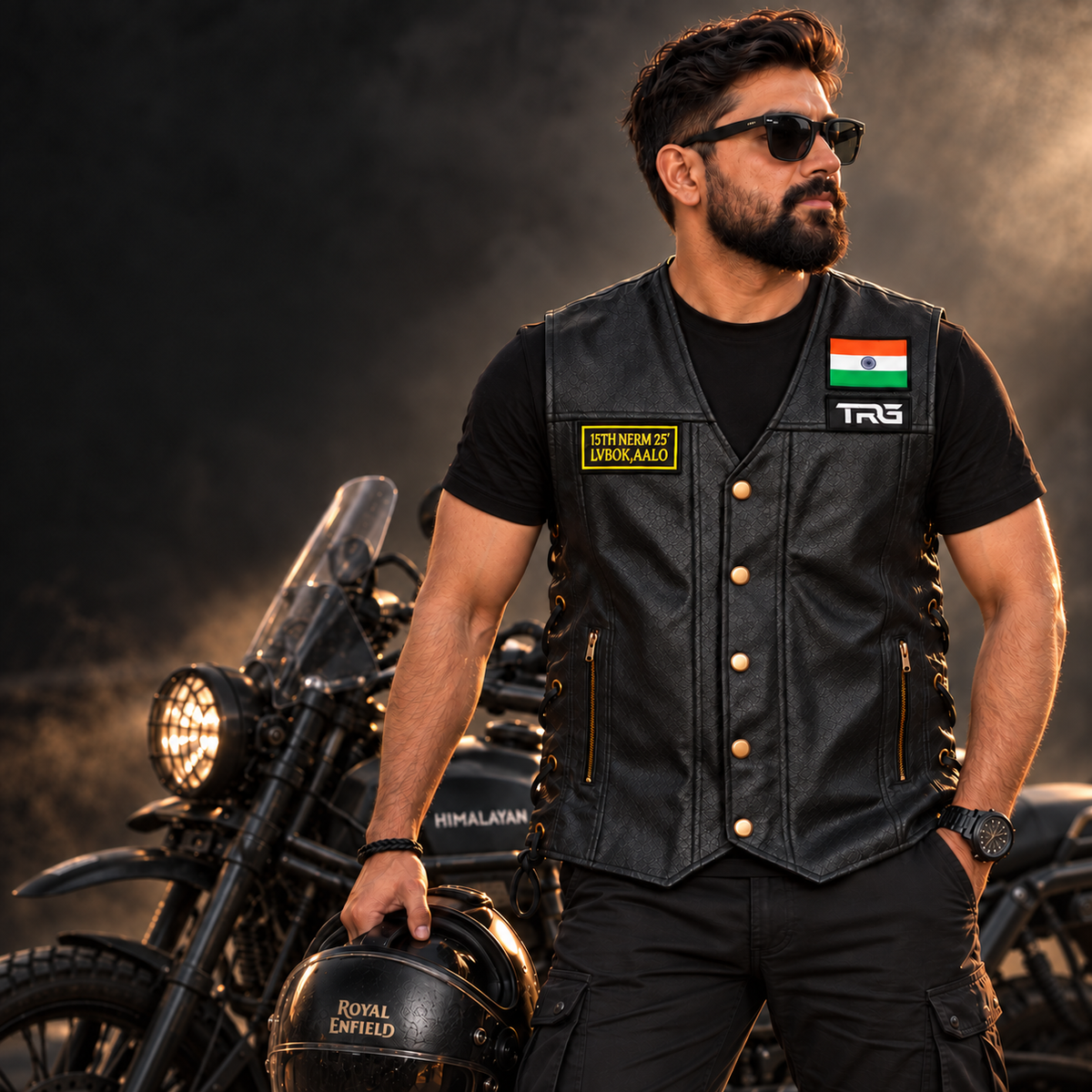 Biker patch 15th NERM 25 LVBOK AALO worn on motorcycle vest by rider beside Himalayan bike