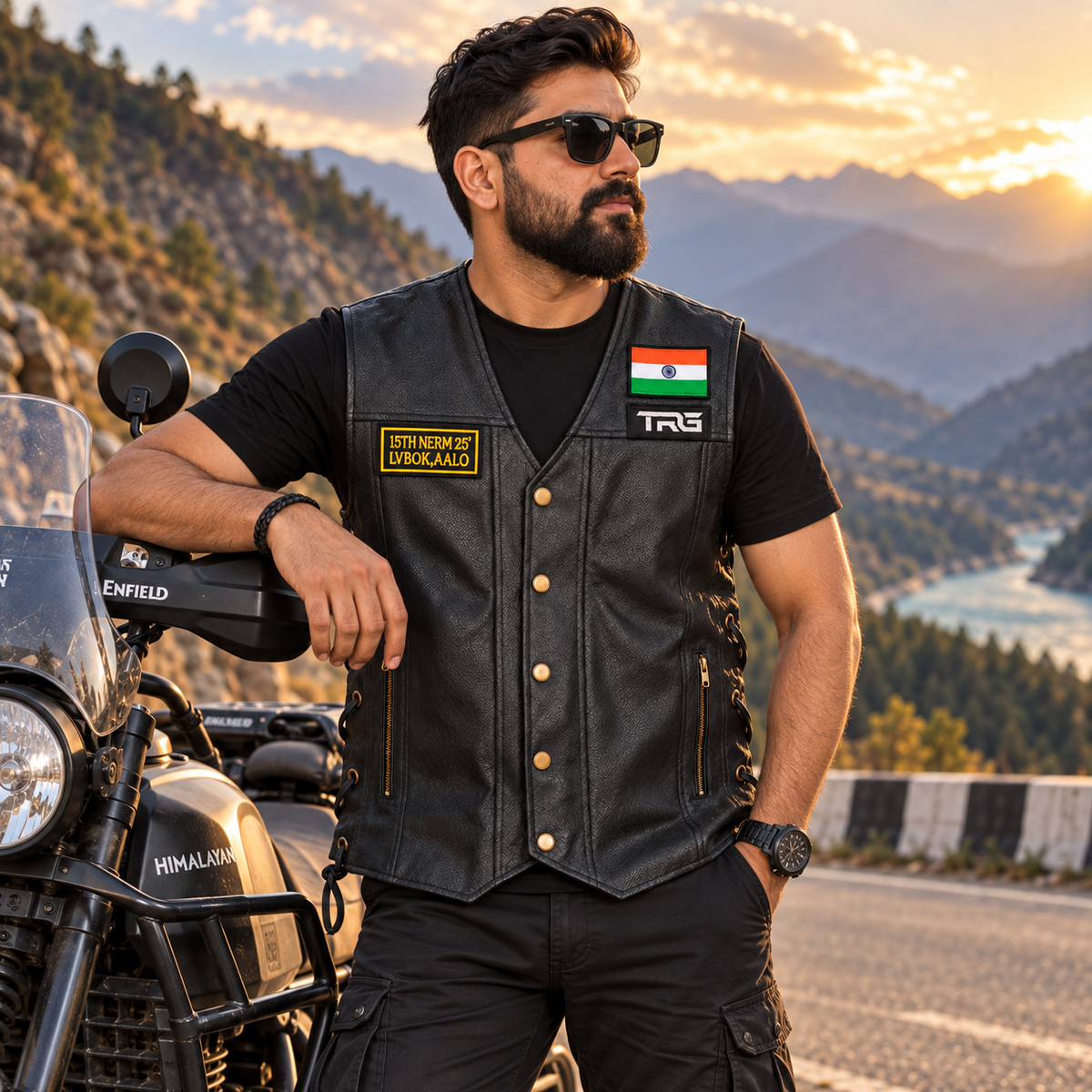 Biker patch 15th NERM 25 LVBOK AALO worn on black motorcycle vest by rider in mountain lifestyle setting