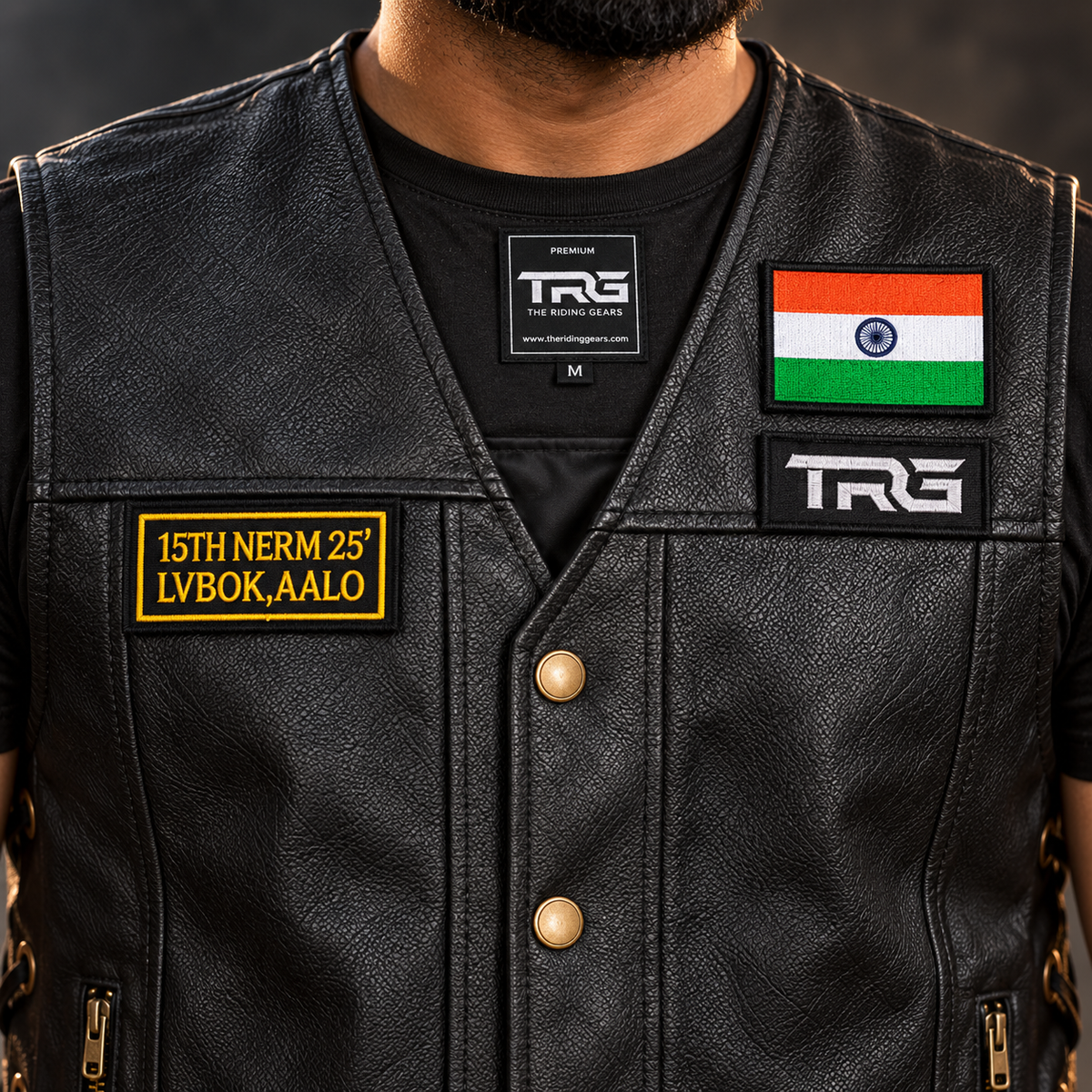 Biker patch 15th NERM 25 LVBOK AALO close-up on black motorcycle riding vest