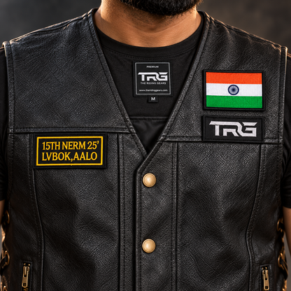 Biker patch 15th NERM 25 LVBOK AALO close-up on black motorcycle riding vest