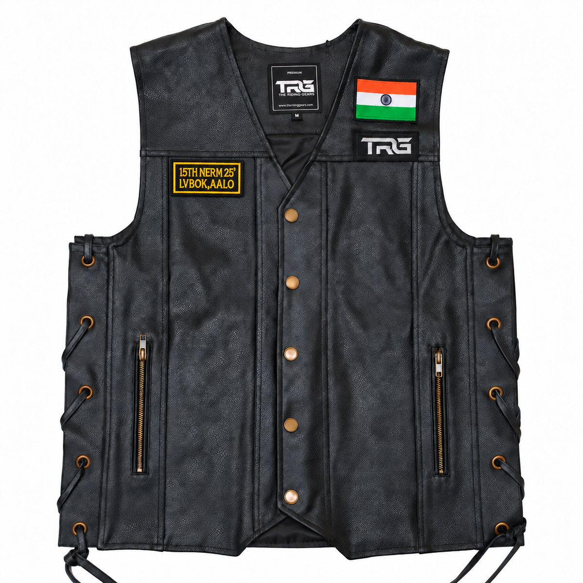 Biker patch 15th NERM 25 LVBOK AALO fitted on black motorcycle riding vest on white background