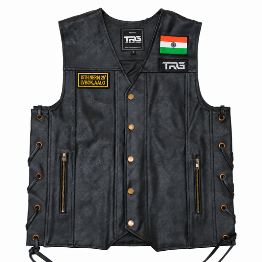 Biker patch 15th NERM 25 LVBOK AALO fitted on black motorcycle riding vest on white background