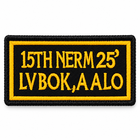Biker patch 15th NERM 25 LVBOK AALO 3 x 1.8 inches black and yellow embroidered patch on white background
