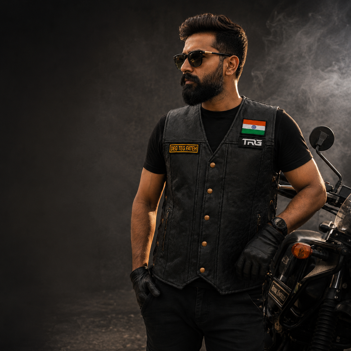 Biker Patch Deg Teg Fateh worn by biker on black motorcycle riding vest