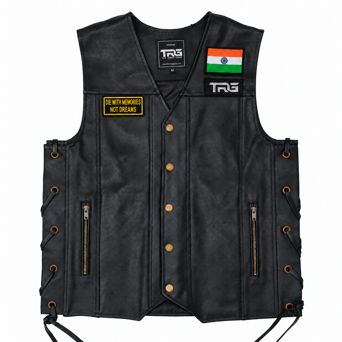 Biker Patch Die With Memories Not Dreams displayed on black motorcycle riding vest on white background