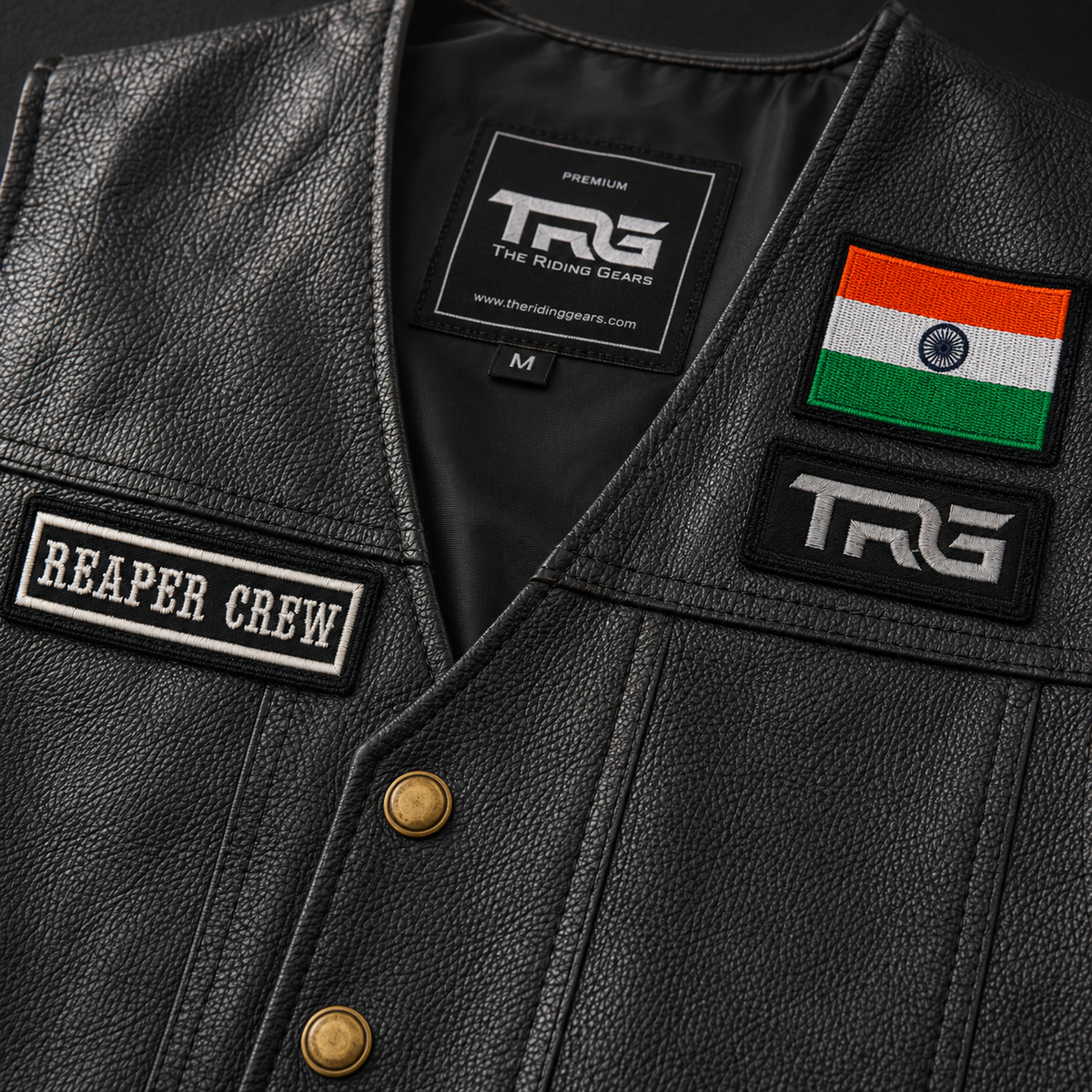 Biker patch Reaper Crew embroidered motorcycle patch close-up on black leather riding vest