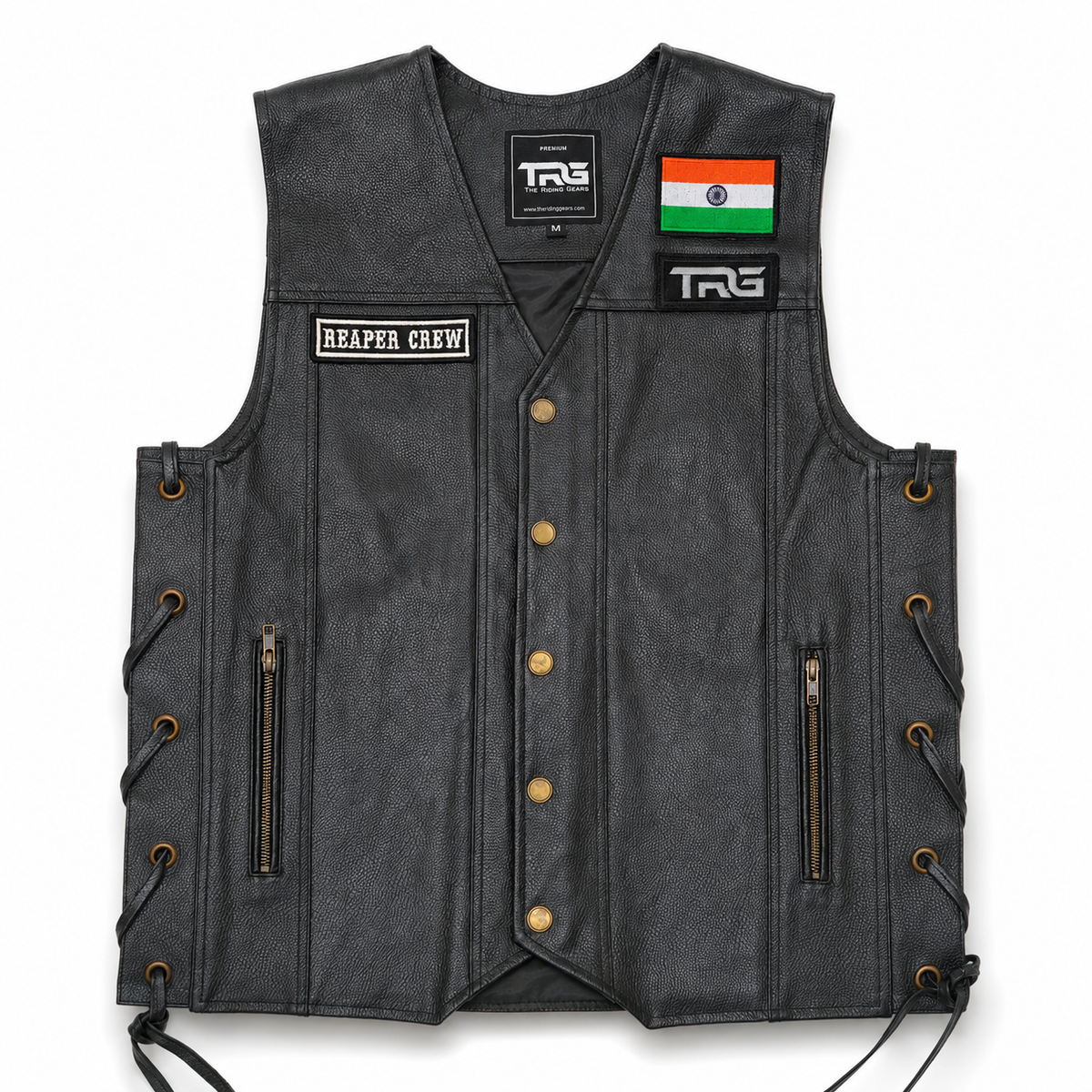 Biker patch Reaper Crew fitted on black leather motorcycle riding vest on white background