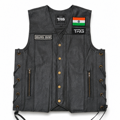Biker patch Reaper Crew fitted on black leather motorcycle riding vest on white background