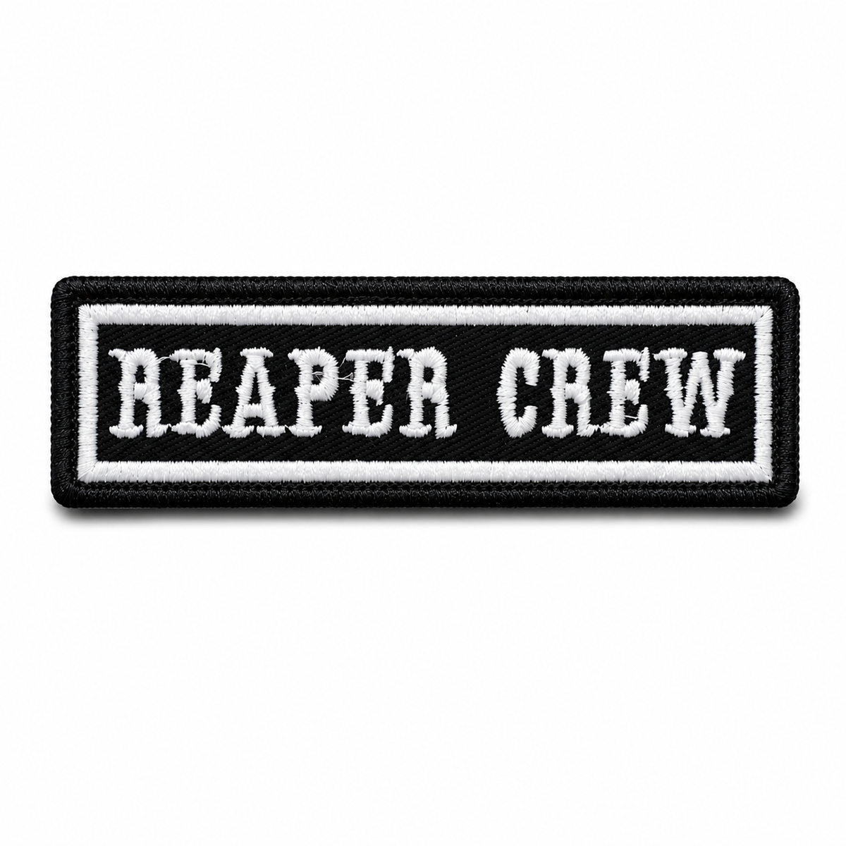 Biker patch Reaper Crew 4.1 x 1.2 inches black and white embroidered patch on white background