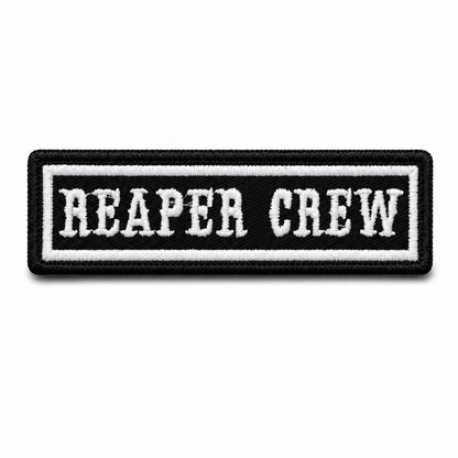 Biker patch Reaper Crew 4.1 x 1.2 inches black and white embroidered patch on white background