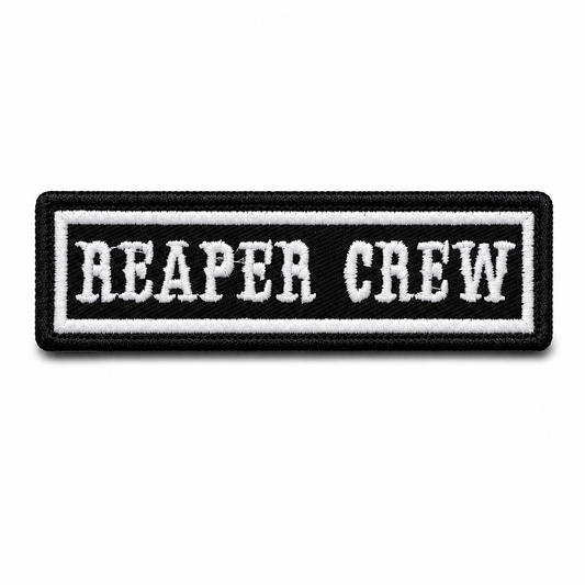 Biker patch Reaper Crew 4.1 x 1.2 inches black and white embroidered patch on white background