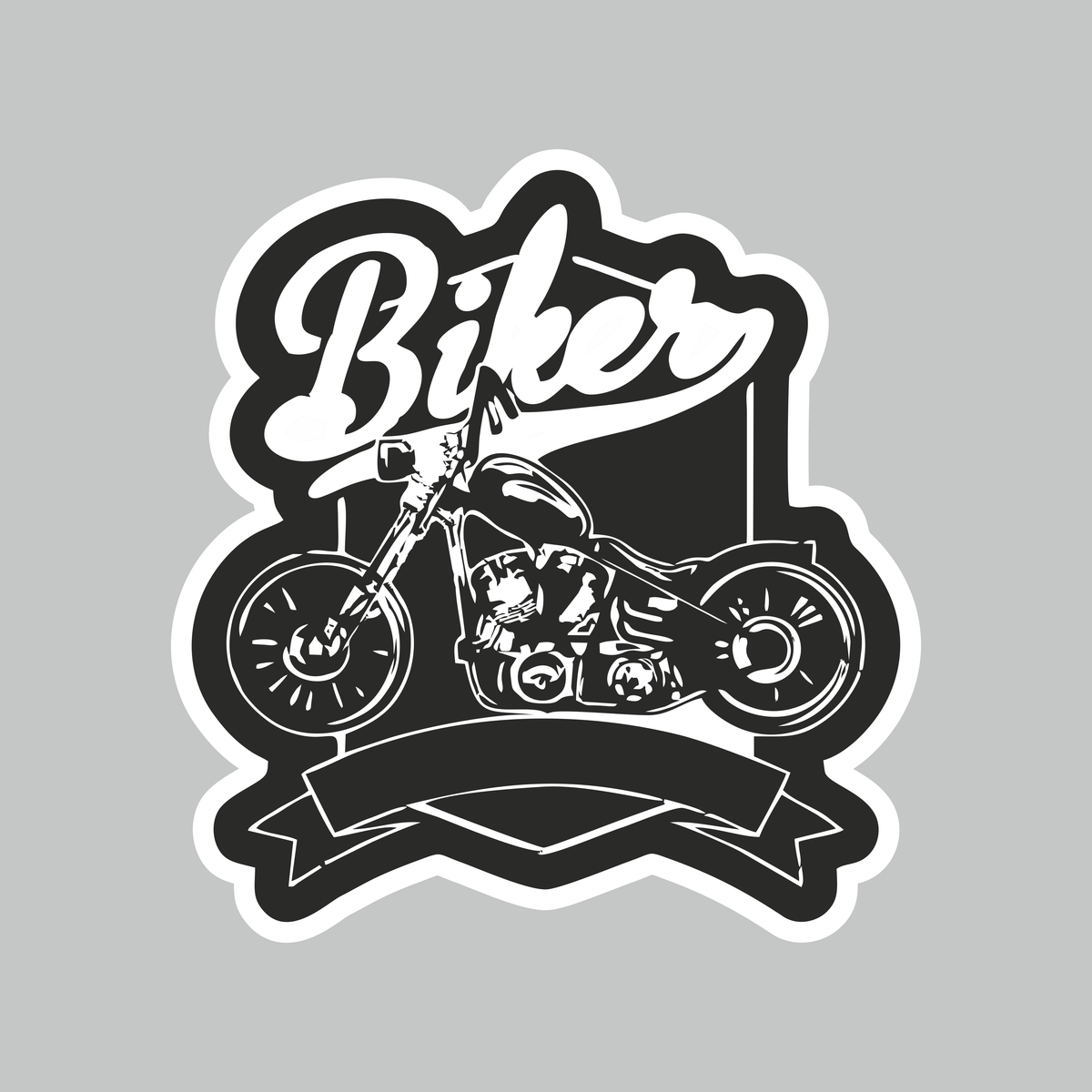 Black and white Biker Sticker featuring custom motorcycle illustration, Biker script lettering and white die-cut border