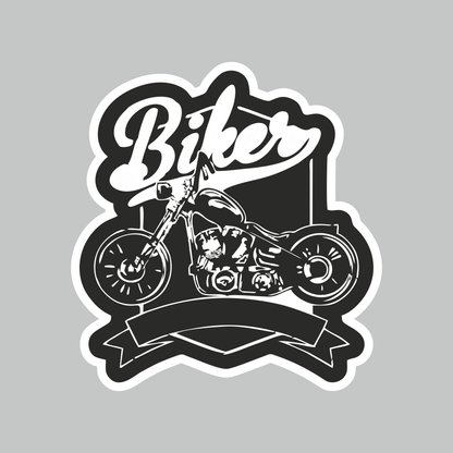 Black and white Biker Sticker featuring custom motorcycle illustration, Biker script lettering and white die-cut border