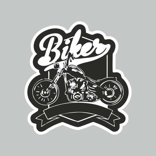 Black and white Biker Sticker featuring custom motorcycle illustration, Biker script lettering and white die-cut border