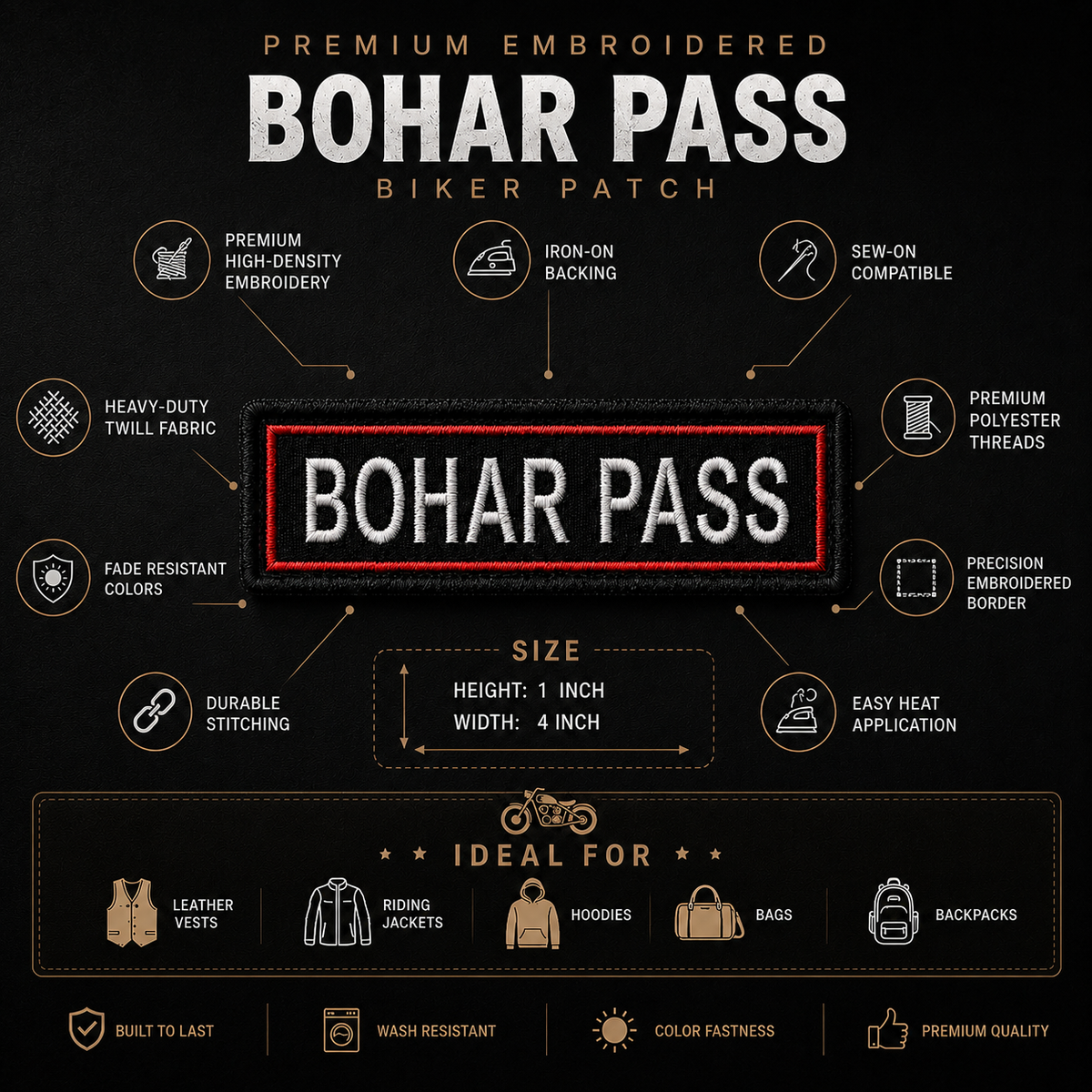 Bohar Pass embroidery patch features and size infographic showing 4 inch width by 1 inch height, iron-on backing and sew-on compatibility.