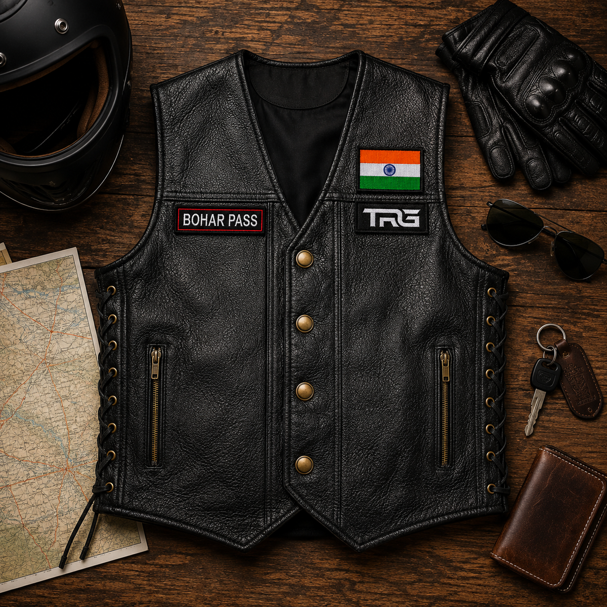 Bohar Pass embroidery patch on TRG leather vest flat lay with riding helmet, gloves, map, sunglasses and motorcycle accessories.