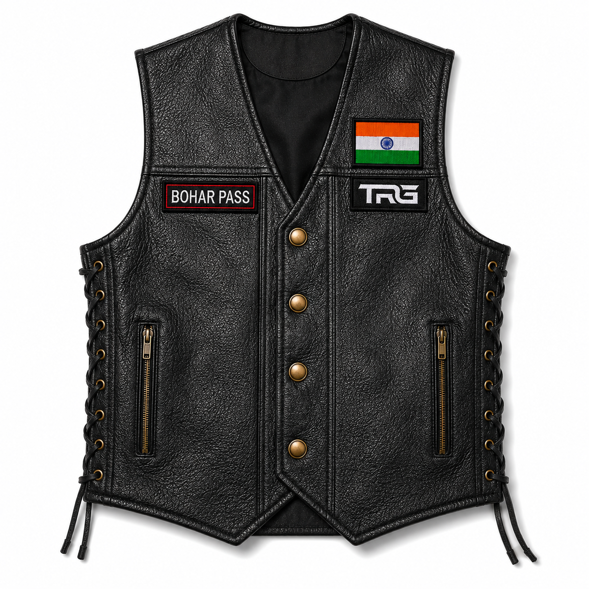 Bohar Pass embroidery patch attached to black TRG leather riding vest shown on a clean white background.